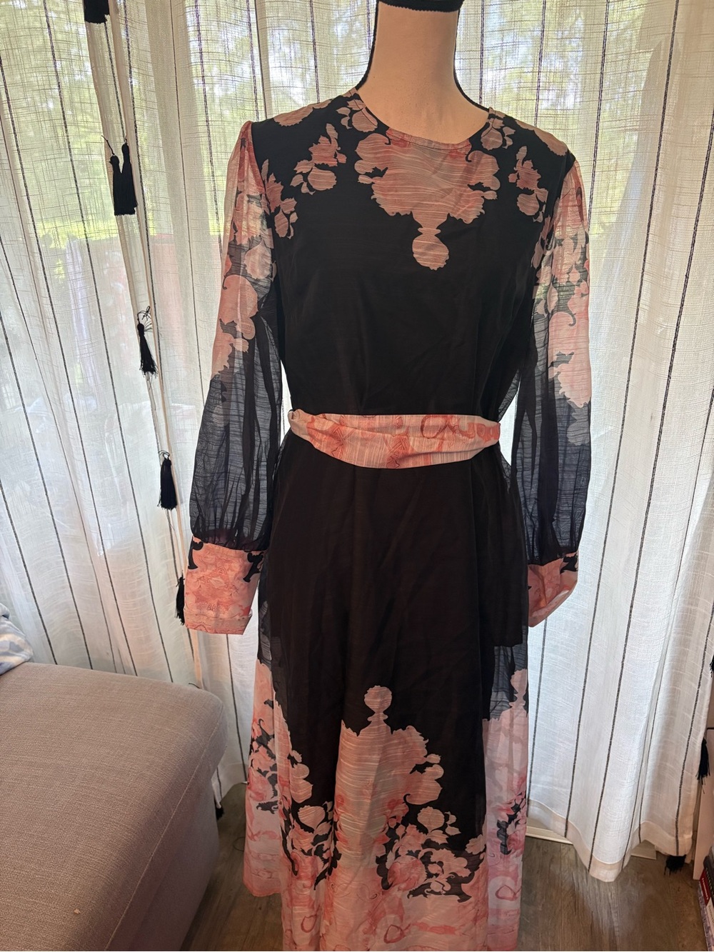 Black Midi Dress with Pink Floral Accents and Sheer Sleeves